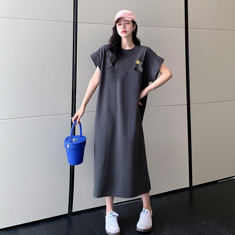 Short-sleeved T-shirt Pocket Dress for Women, Mid-length Knee-length Skirt In Summer, Large Size To Make You Look Younger, with Flying Sleeves
