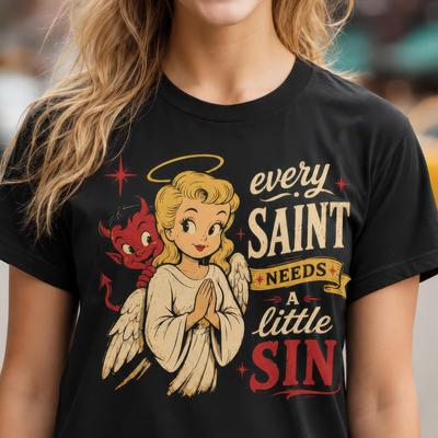 Saint Sinner T-shirt | Angel & Devil Retro Illustration