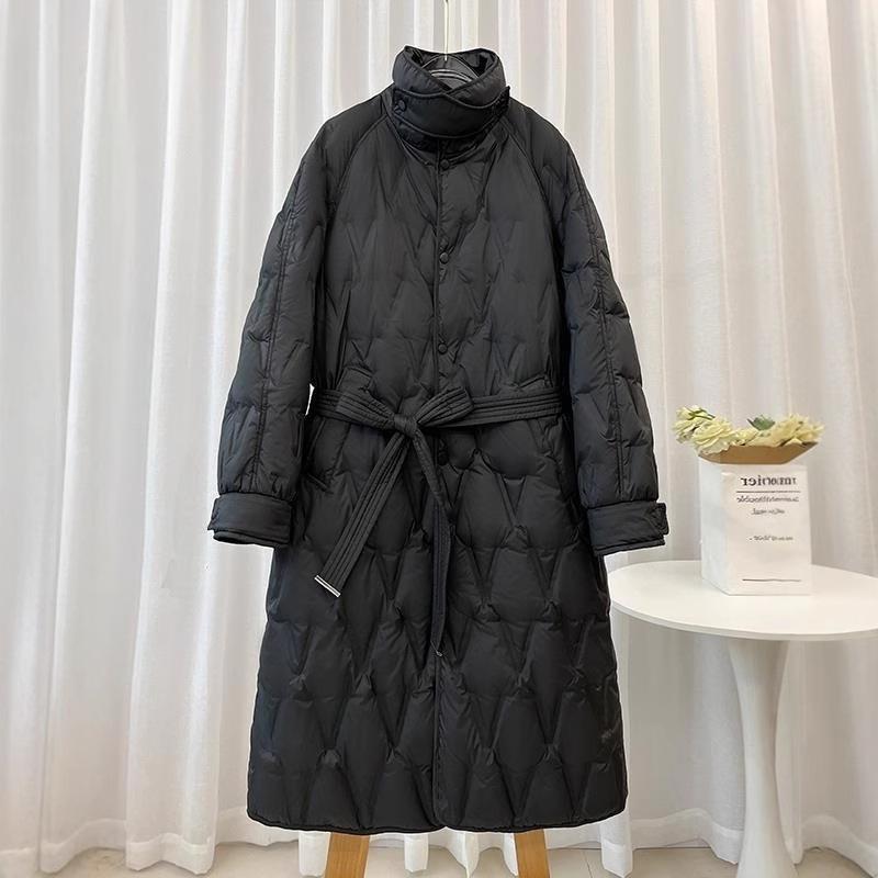 new stand-up collar light down jacket women's niche versatile pressure glue foreign style long knee waist diamond belt