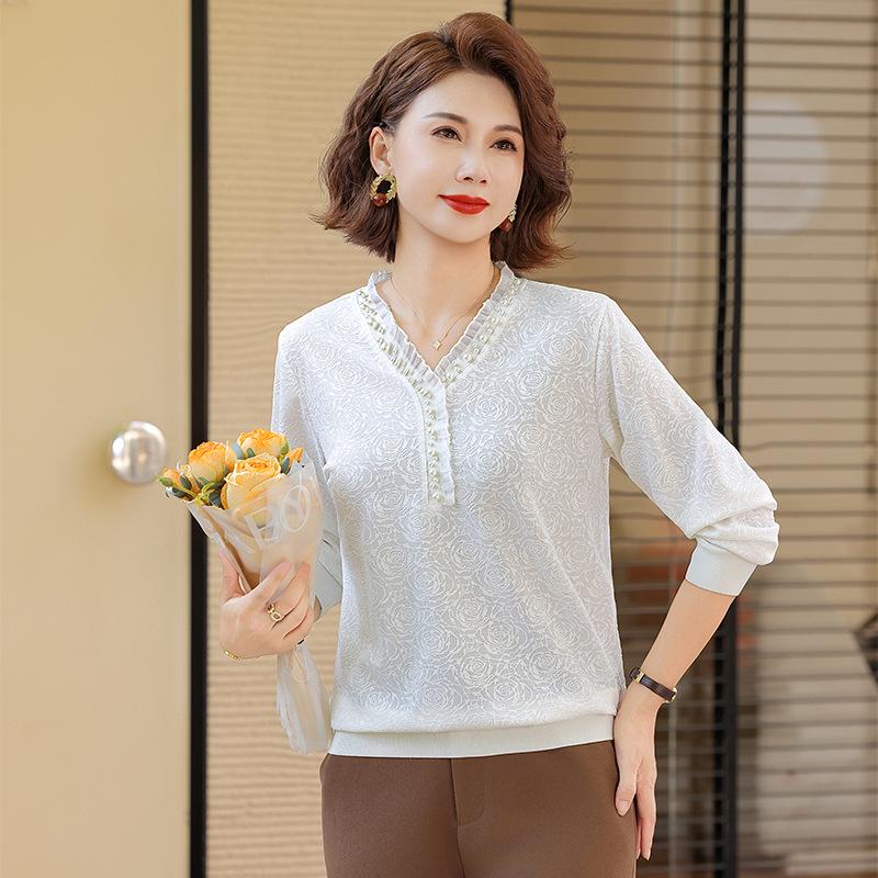 

Spring Collection: Embossed Ruffle V-Neck Lace Collar Long-Sleeve Top for Middle-Aged and Elderly Women 3XL (for 120-135 jin) брудно-білий