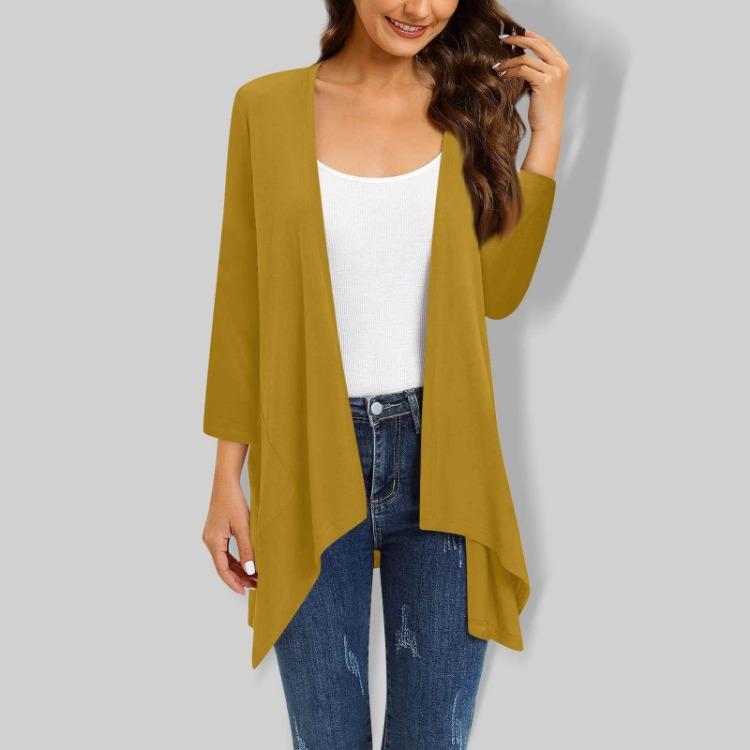 Gradient Print Women's Cardigan Jacket With Pocket Irregular Three Quarter Sleeve