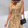 Women's Split V Neck Cap Sleeve Mini Dress Loose Fit Mid Waist Geometric Print Self Tie Sundress