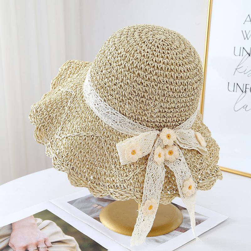 

Соломенная шляпа женская цветок кружево пляж новая отпуск солнцезащитная соломенная шляпа лето Adjustable бежевый