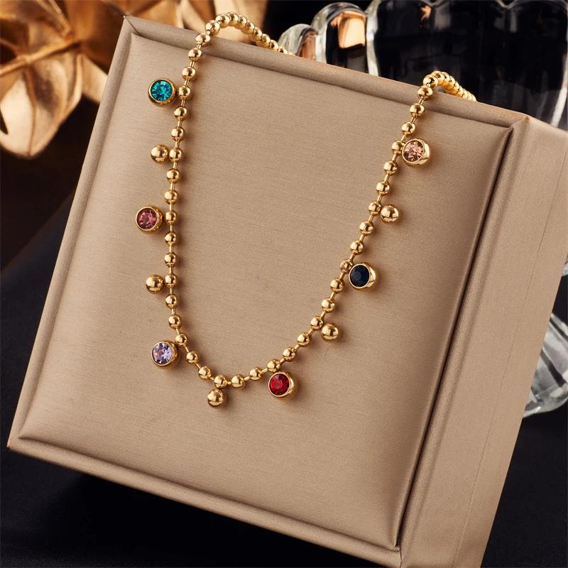 

Stainless Steel Woman Necklace New Style Colorful Crystal Decoration Female Necklaces Bohemian Lady Jewelry Gifts