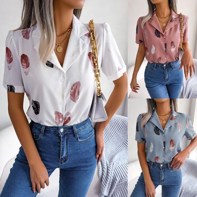 Camisa Casual de Verão Feminina de Manga Curta com Lapela e Estampa de Penas