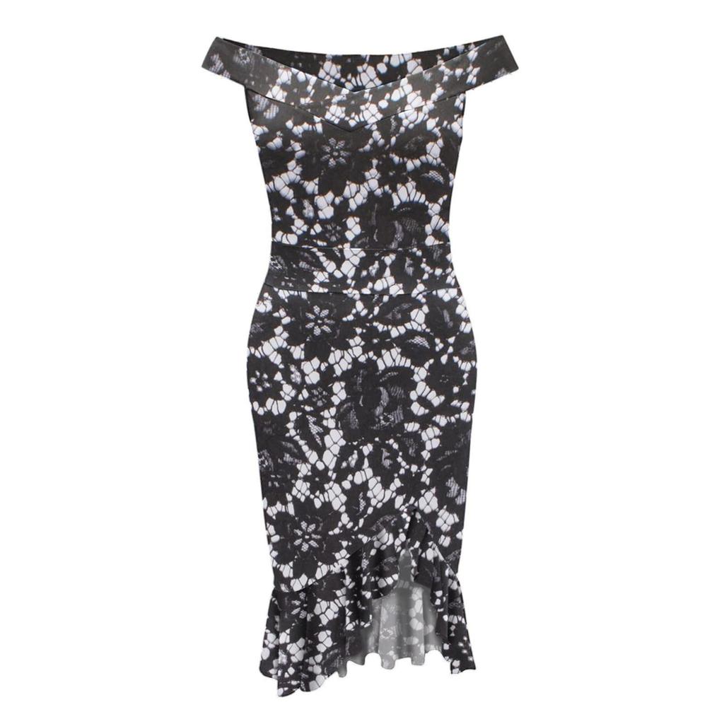 Ladies Off Shoulder Ruffle Hem Cocktail Dress Elegant Midi Evening Dress