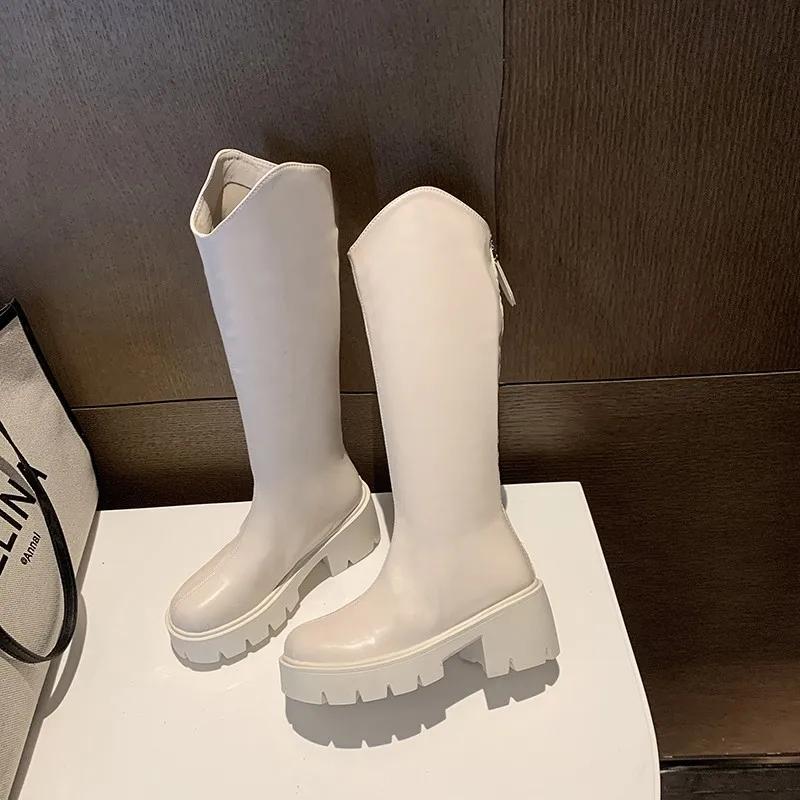 Autumn New High Quality Long Boots 2025 Fashion Versatile Heel Thick Bottom Solid Zip Round Toe Casual Concise Women's Boots