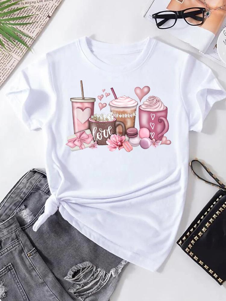 Women's T-shirt Korean Fashion Graphic Cup Print Women's Clothing T-shirts for Valentine's for Lovers Aesthetic Clothes Casual