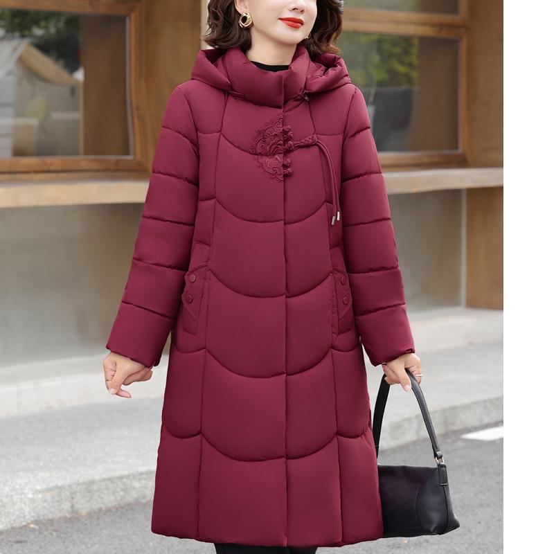 Plus Size XL-6XL Middle Age Women Winter Long Coats Hooded Elegant Thick Warm Embroidery Parkas Female Jackets
