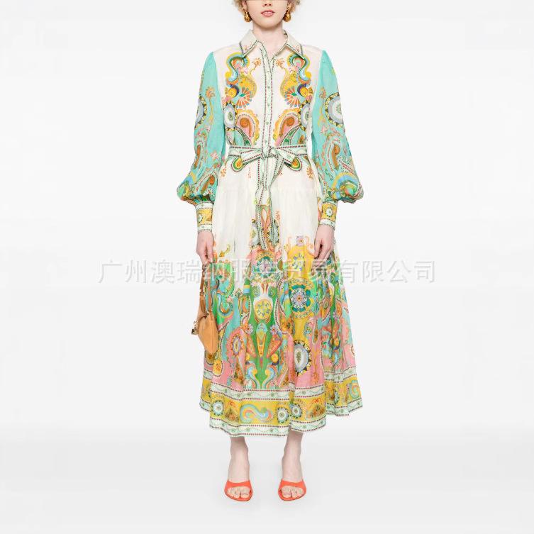 Spring Abstract Artist High Collar Lantern Sleeve Dress for Women