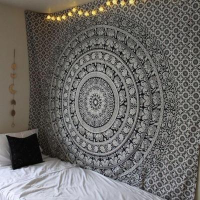 Handmade Indian Hippie Bohemian Psychedelic Elephant Mandala Wall Hanging Table Cloth Bedding Tapestry (Black And White)