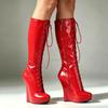Women Ballet Boots Lace-up 18cm Wedge Heel with Strange Heel 3CM Platform Patent Leather Sexy Fetish Zipper Knee High Boots