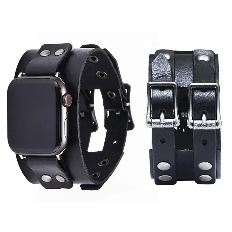 Genuine Leather Band For Apple Watch Ultra 2 49mm Strap 45mm 44mm 46mm Double Metal Buckle bracelet iWatch series 10 9 8 7 6 SE