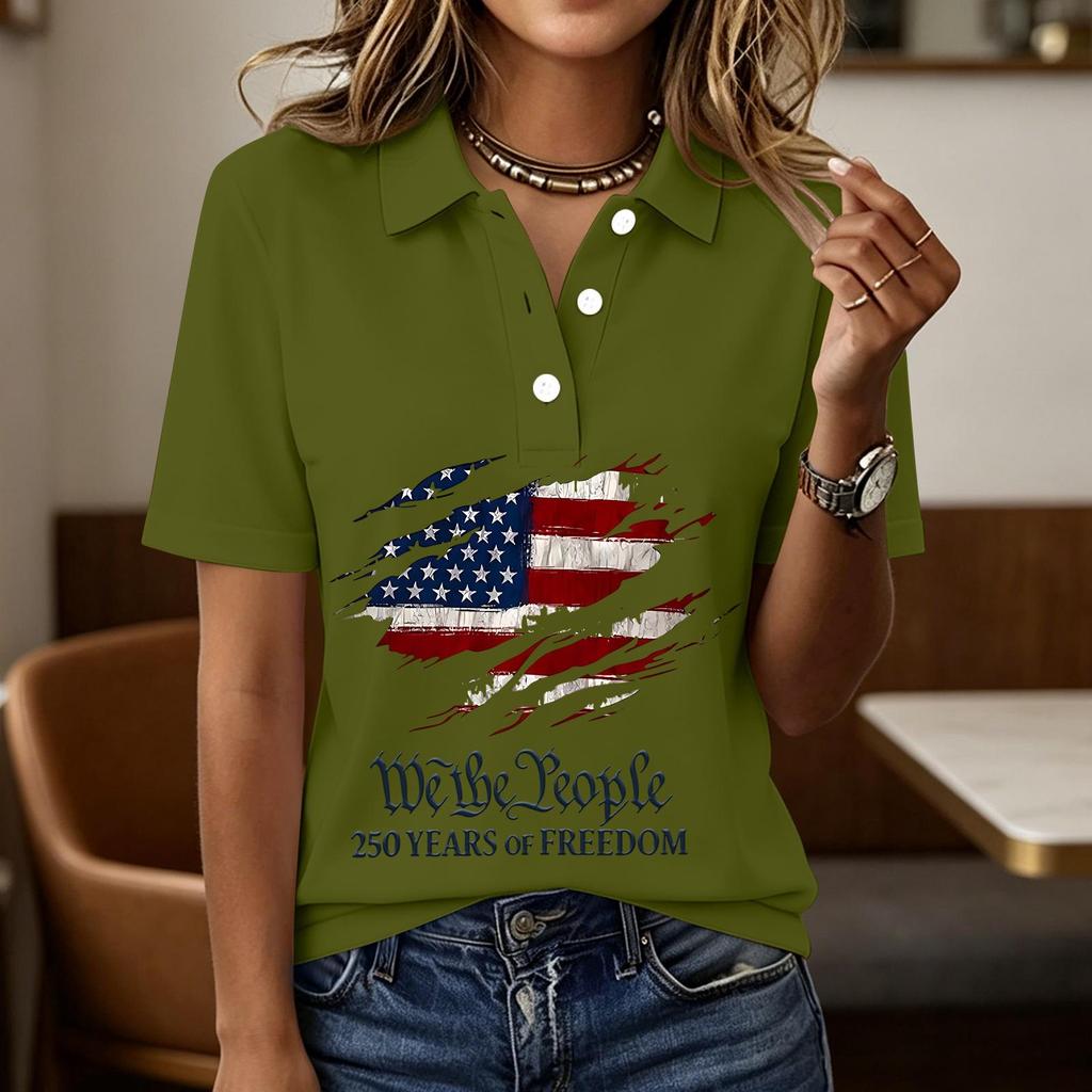 Damen Casual Knopfleiste Kurzarm Poloshirt Amerikanische Flagge Grafikdruck 250. Jahrestag Patriotisches Oberteil Leichtes Sommer-T-Shirt