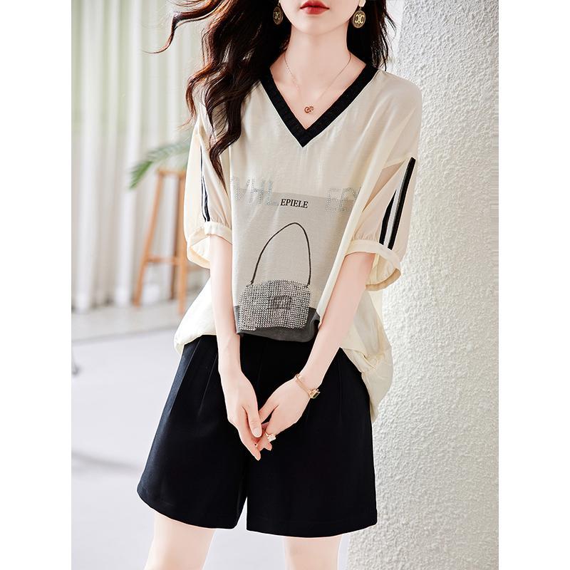 Fashionable Hot Diamond V-neck Loose and Fashionable Mid-length Casual Versatile Short Sleeve Elegant Versatile Top for Women