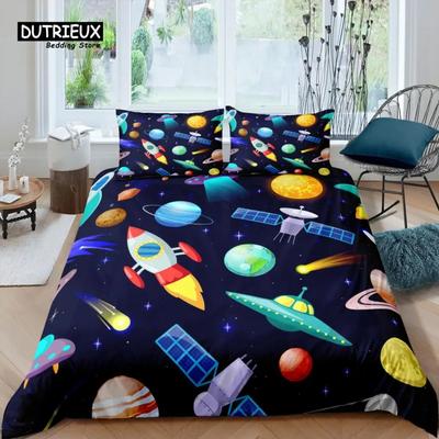 Set de lenjerie de pat 3D de lux pentru casă, cu rachetă, husă de pilotă cu navă spațială, față de pernă, dimensiune Queen și King EUUSAUUK, lenjerie de pat cu plapumă