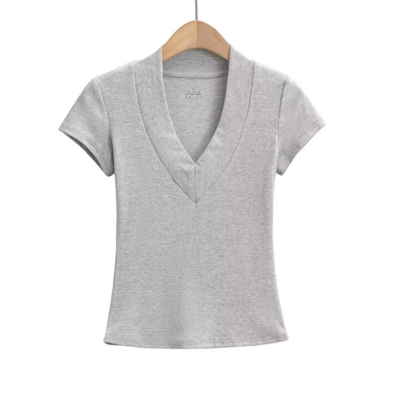 Summer New Female American Spice Girl Solid Color Dark V-neck Short-sleeved T-shirt Design Sense Splicing Slim-fitting Waist Bottoming Shirt