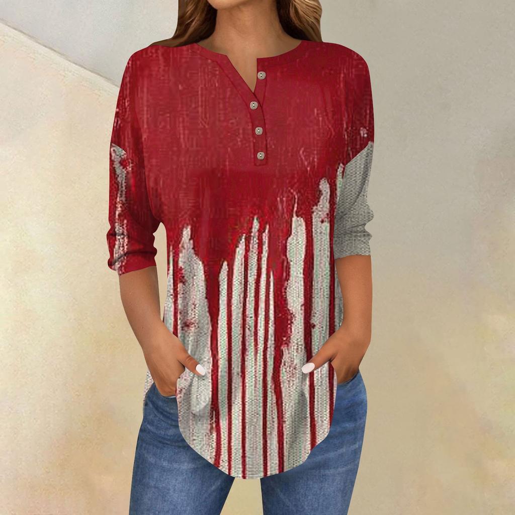 Women's Fashion Loose Button Collar Halloween Print Long Sleeve T-Shirt Top Pullover