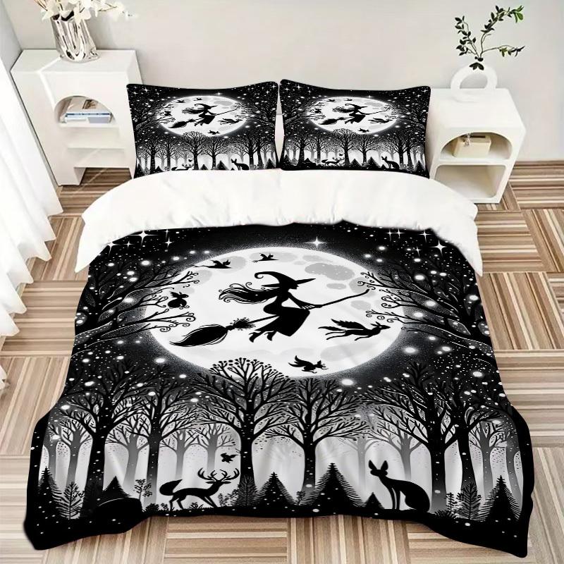 3pc Moonlit Witch Cover Set - 1 Quilt Cover + 2 Pillowcases, All Seasons Bedroom Setting, Perfect for Home010