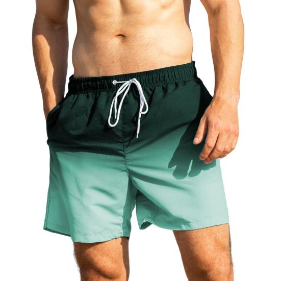Men Beach Shorts Gradient Contrast Color Drawstring Elastic Waist Casual Daily Wear Pockets Thin Knee Length Summer Shorts Men Vacation Shorts