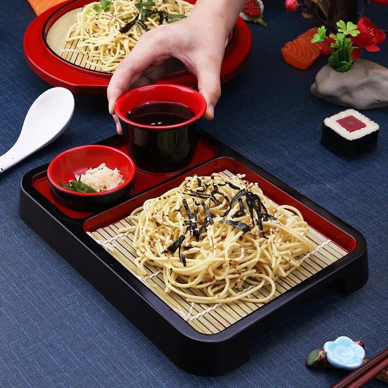 Japanese Style Cold Noodle Dish Paired with Bamboo Mat Plate and Japanese and Korean Tableware