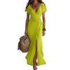 Womens Solid Color V Neck Waist Cinched Split Long Chiffon Dress Elegant Design Lightweight Fabric Comfortable Fit