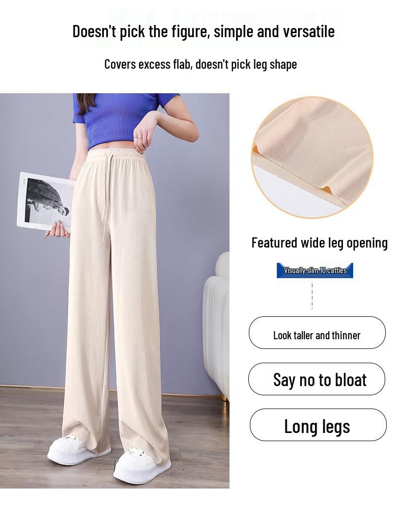 Pantaloni Larghi Estivi da Donna a Vita Alta in Seta Ghiacciata - Modellanti, Drappeggiati, Casual da Studentessa, Vestibilità Larga, Gamba Dritta Stretta.