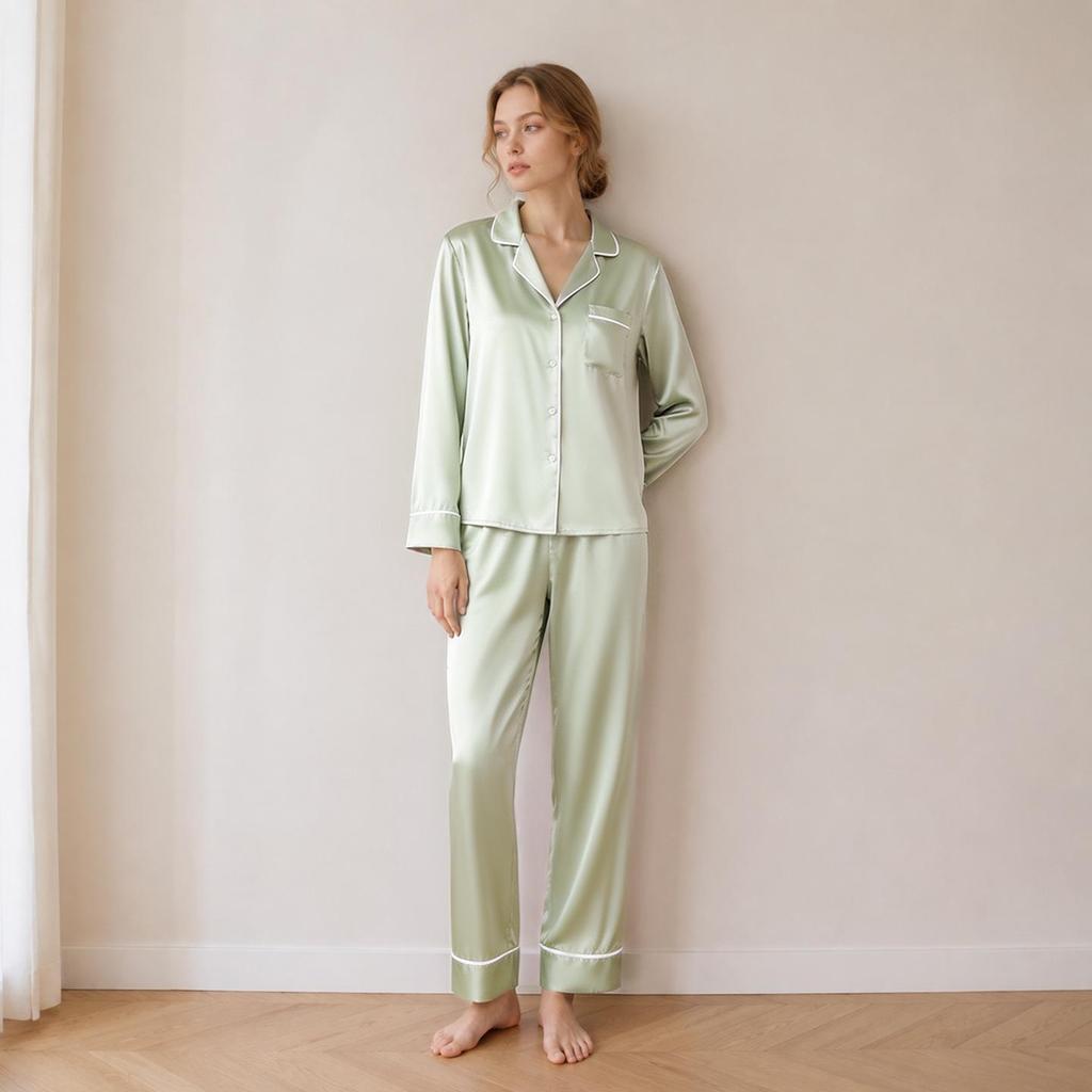 Seidenpyjama-Set mit Schmetterlingsstickerei - Damen Maulbeerseide Zweiteiler für Frühling/Sommer