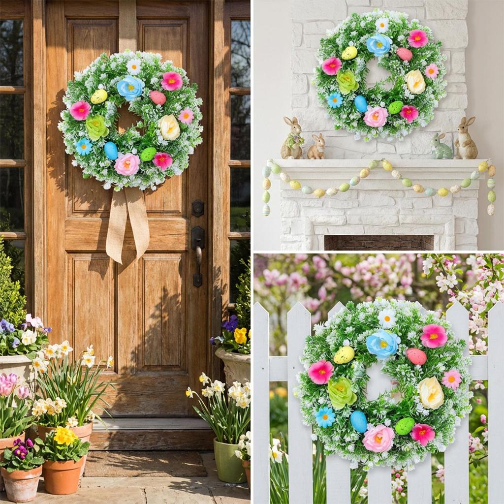 Spring Wreaths For Front Door Artificial Eggs Flowers Spring Garland 13.78inch Artificial Farmhouse Easter Wreath For Home