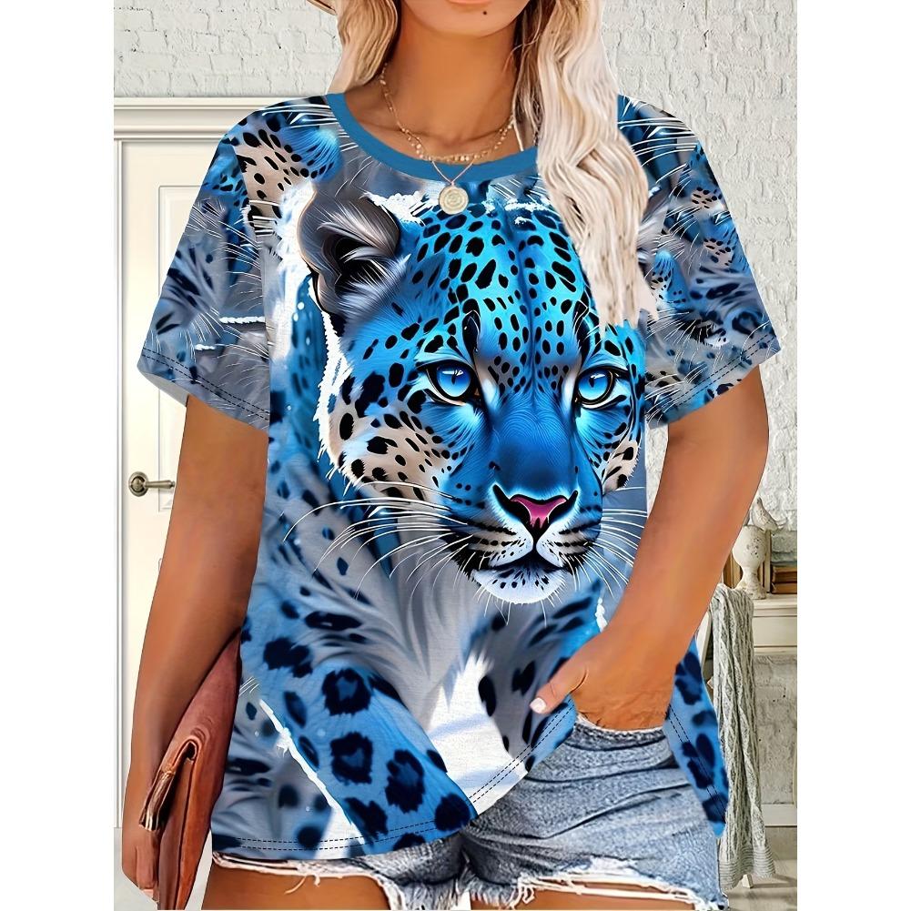 Plus Size Casual Crew Neck Short Sleeve Tiger Horse Animal Print T-Shirt - Soft Stretch Polyester Fabric Spring and Summer Womens Relaxed Fit Clothing