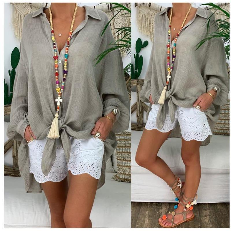 Women's Oversized Loose Fit Turn Down Collar Long Sleeve Button Down Linen Blend Casual Shirt Blouse Top