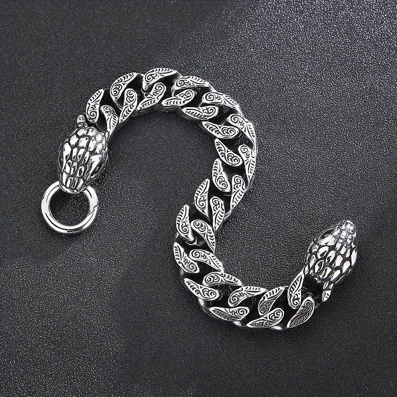 Retro distressed, blackened patterned snake head Cuban chain bracelet, punk style personalized men's double snake head bracelet
