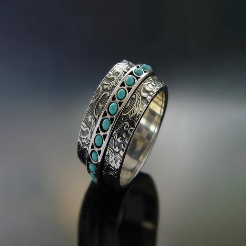 Retro Embossed Floral Turquoise Ring - Unisex European  American Fashion Size 7