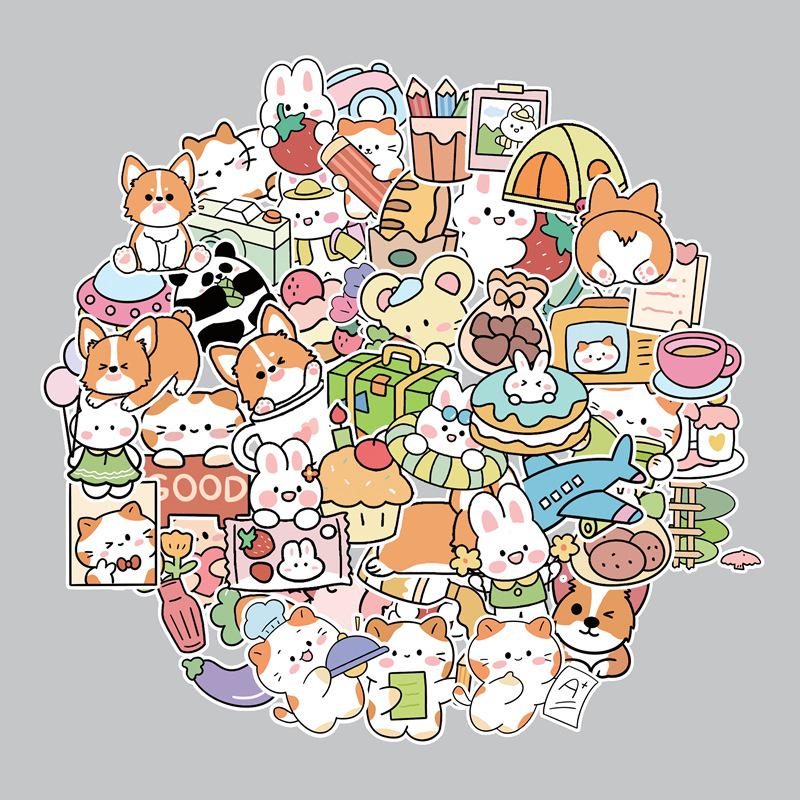 Cute Japanese Animal Squad Journal Stickers - 50 Sheets of Puppy & Rabbit Cartoon Designs for Creative Decoration