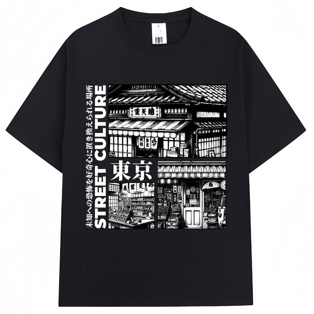 Japanese Style Tokyo Street Culture Graphic Tshirts Unisex Harajuku Fashion Vintage Oneck T Shirt Oversized T Shirts