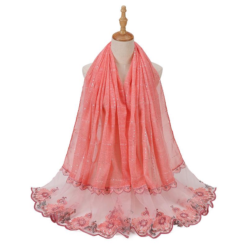Glitter Scarf Islamic Long Shawls Wraps Luxury Flower Headscarf Headband New Embroidered Lace Sequins Hijab Stitching Splicing