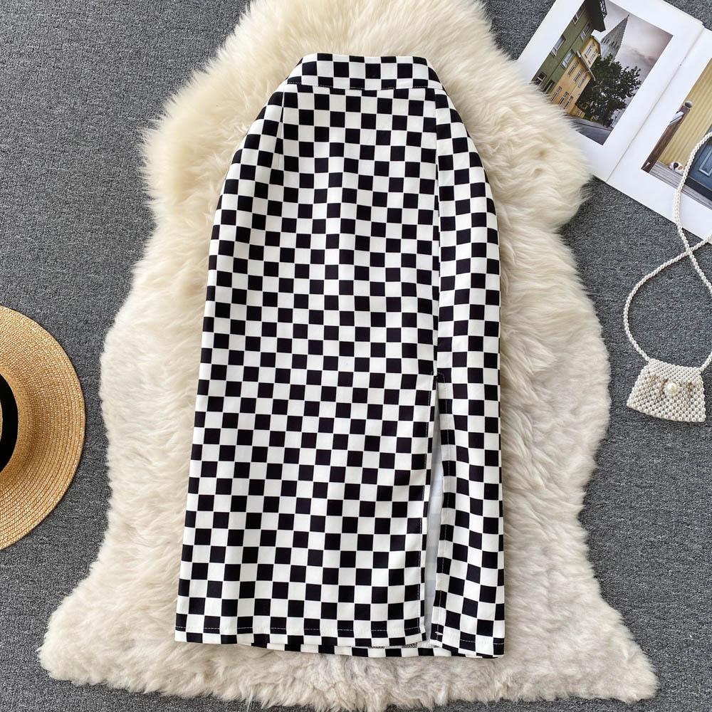 Plaid Skirt Women's Spring And Summer Niche Split One-Step Skirt Medium Long High Waist A-Shaped Hip Wrap Skirt
