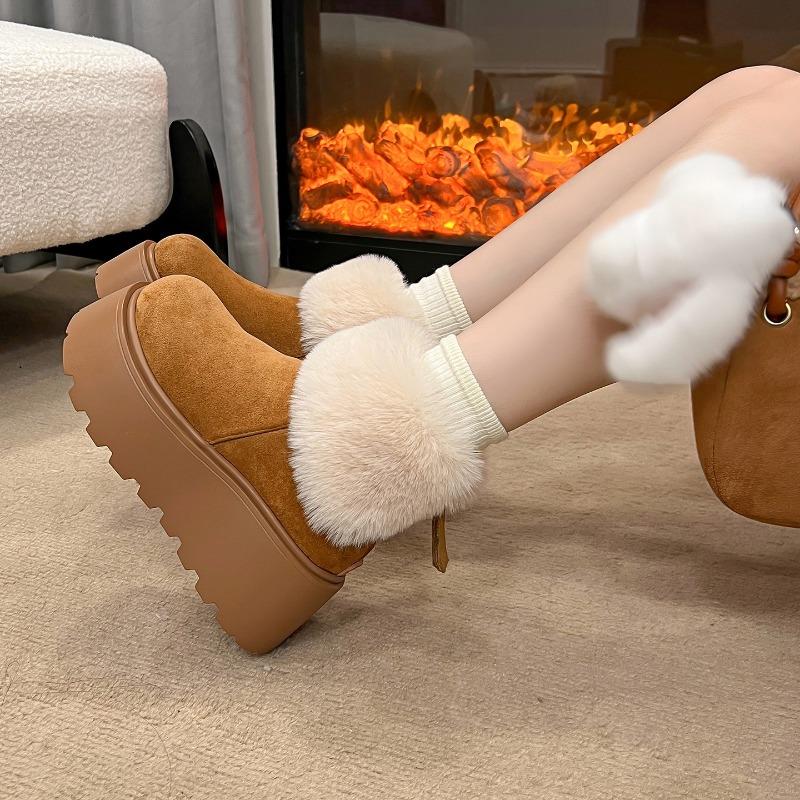 New Winter Chunky Platform Flats Women Fur Snow Boots Concise Height Increase Shoes Ladies Dress Keep Warm Cotton Short Booties