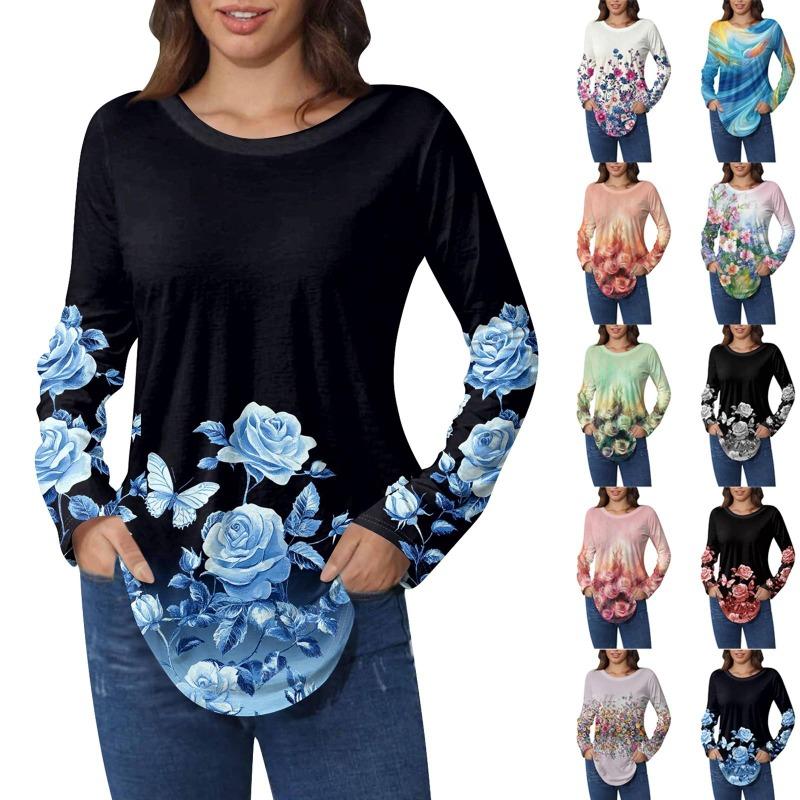 Shirts for Women Cute  Vintage Pattern Print T-Shirt Long Sleeve Tunic Tops Cotton Pullovers T-Shirts Women’s