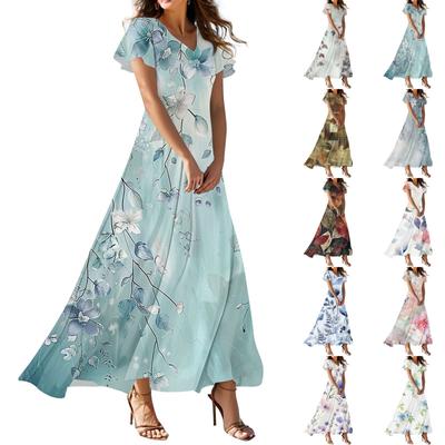 Women's Summer Casual Fashion Floral Print Dress V Neck Short Sleeve Dress