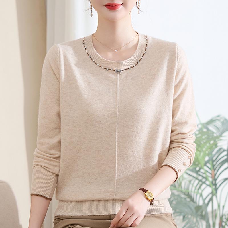 

Elegant Round Neck Long Sleeve Knitwear for Middle-Aged Women – Plus Size Spring & Autumn Sweater 3XL [suggested 60-65 kg]