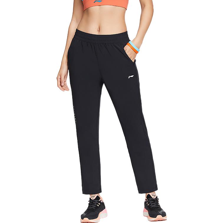Li Ning Fitness Series Solid Color Logo Print Straight Leg Sports Pants Women Bottoms Black AYKS348-1