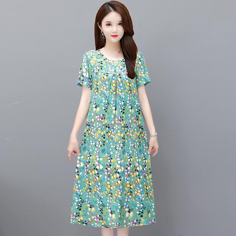 2023 Summer Floral Cotton & Rayon Dress - Stylish, Loose-Fitting, Short Sleeve for Middle-Aged & Elderly Women