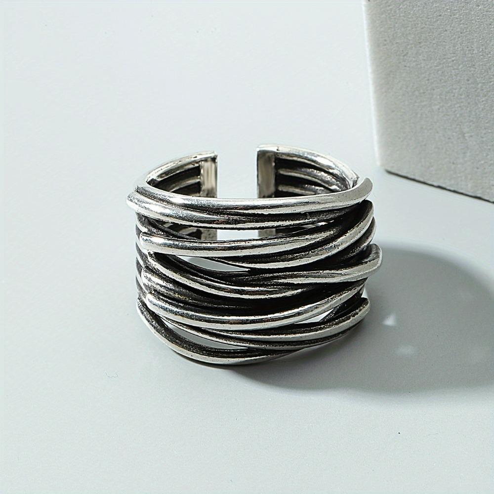 Anello aperto a più strati argentato vintage, Gioiello di moda unisex, Pezzo statement minimalista regolabile per uomo e donna