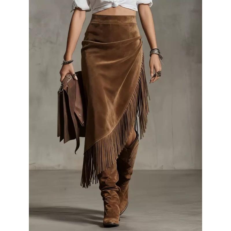 Vintage Western Style Irregular Design Solid Color Midi Skirt