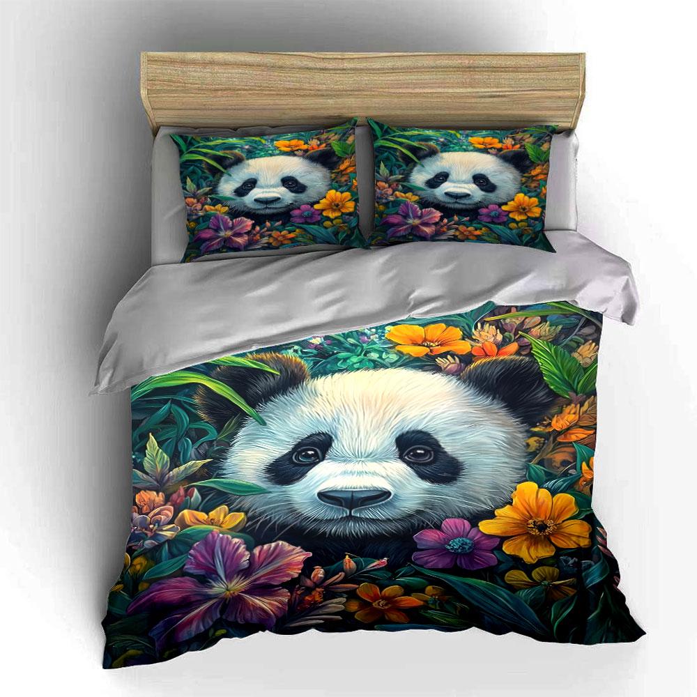 Adorable Panda Peeks From Vibrant Flowers Duvet Cover Set With 3D Printing Design Soft Polyester Bedding Set All-Season Comfort
