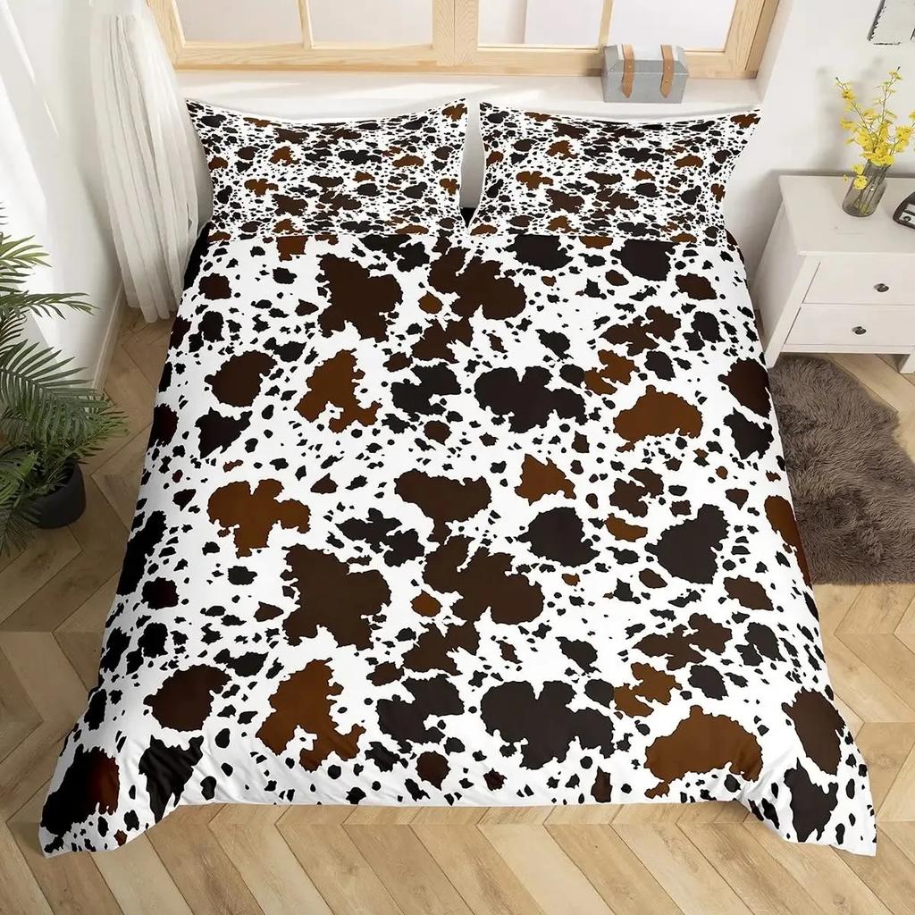 Cowhide Duvet Cover Set,Brown Cow Leopard Print,Western Rustic Farmhouse Farm Animals Bedding Sets Highland Cow Comforter Cover