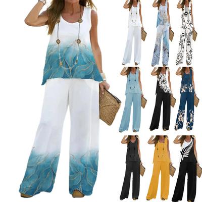 Summer Casual Women's Printed Sleeveless Top Elastic High-waisted Trousers Two Sets