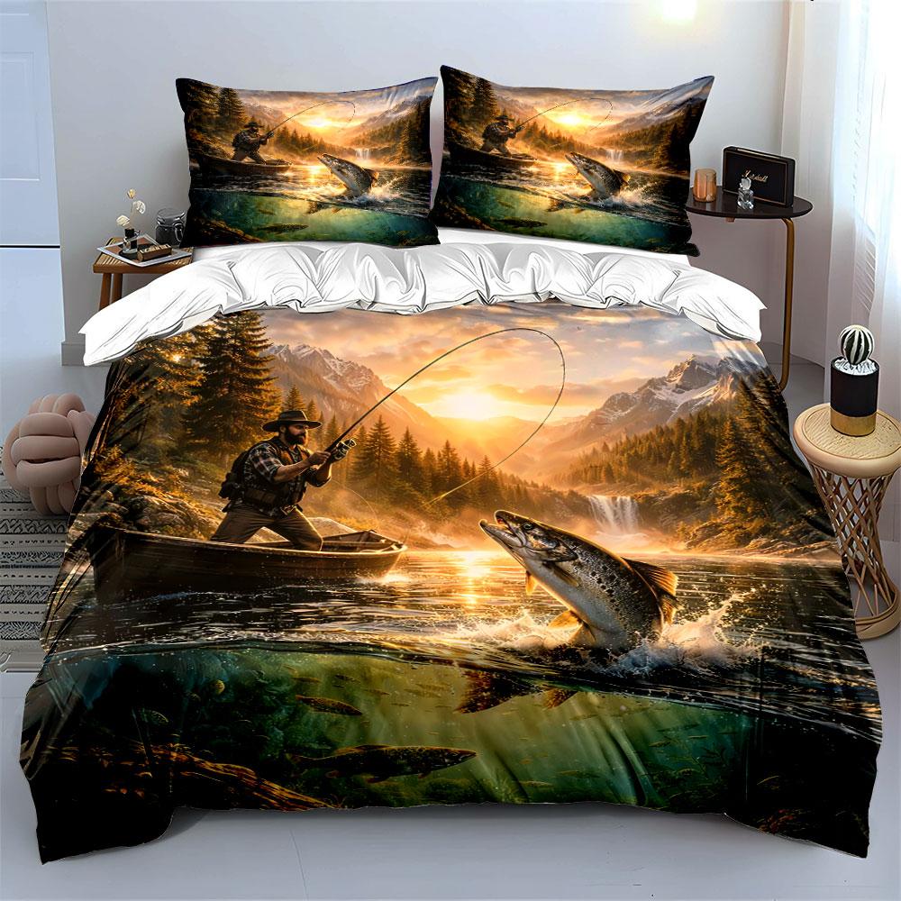 Fishing Adventure Nature Scene Bedding Duvet Cover Set Duvet Cover Pillowcases  (1*Duvet Cover 2*Pillowcases, without duvet insert)