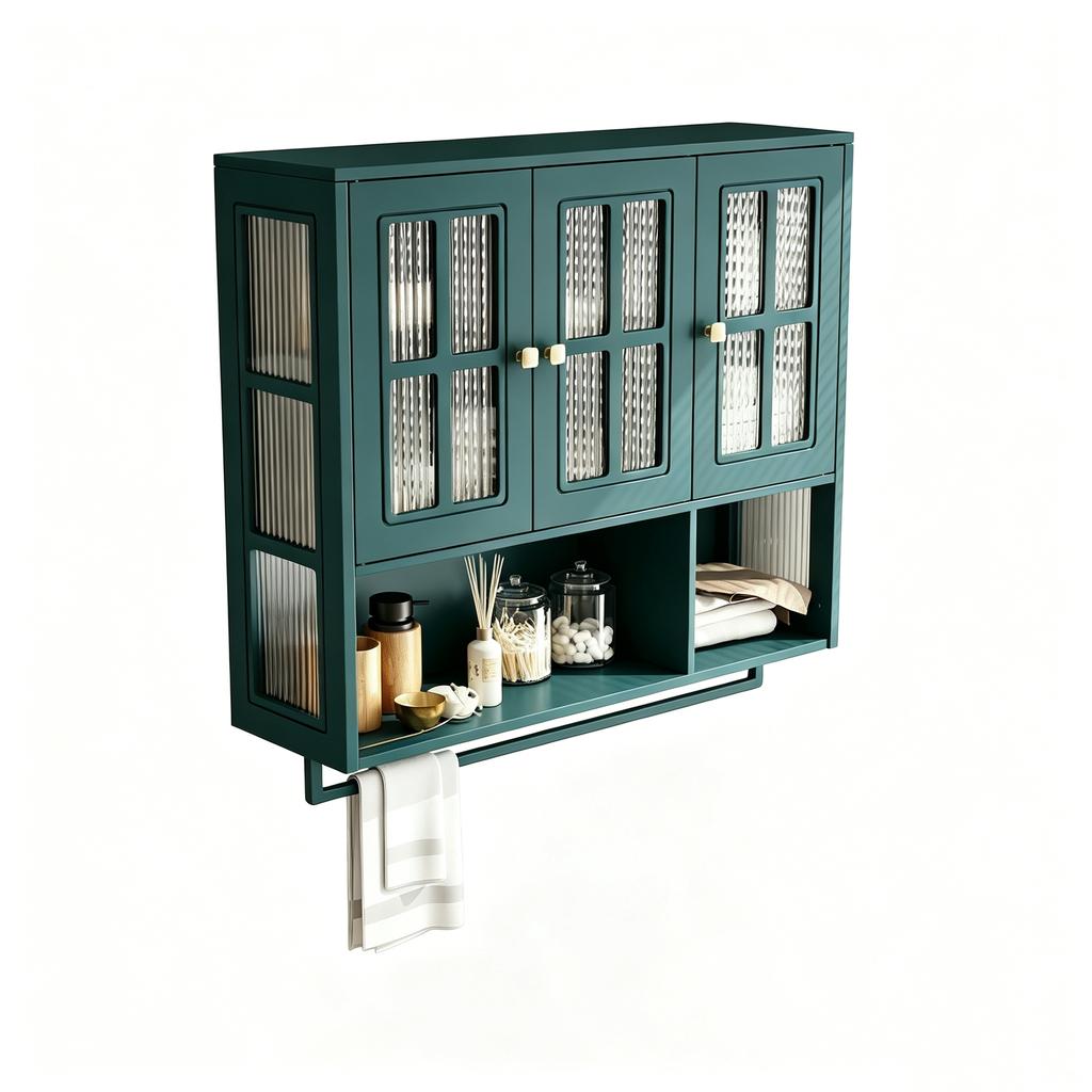 Bathroom Wall Cabinet, 3-Door, Open and Hidden Storage, Glass Door, Towel Bar, for Entryway Living Room Bathroom Dining Room, Dark Green